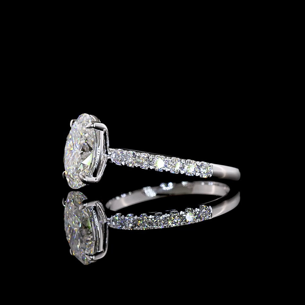 14K White Gold Solitaire Shank Ring with 2.01 Carat Oval Lab Diamond and 0.44 Carat Pave Set Round Brilliant Lab Diamonds - 2.45 Carat Total Diamond Weight - Covaloro Fine Jewelry