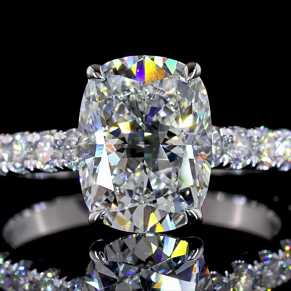 14K White Gold Solitaire Shank Ring with 3.04 Carat Cushion Brilliant Lab Diamond and 0.99 Carat Accent Diamonds - 4.03 Total Carat Weight - Covaloro Fine Jewelry