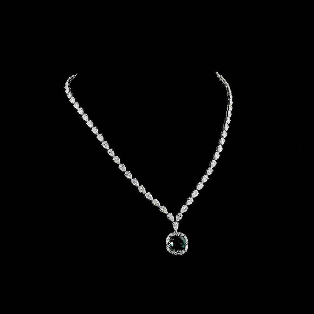 14K White Gold Special Necklace with 3.32 Carat Cushion Cut Green Emerald Lab Gemstone, 19.33 Carats Pear Cut, and 0.88 Carats Marquise Cut Lab Gemstones - 23.53 Total Carat Weight - Covaloro Fine Jewelry