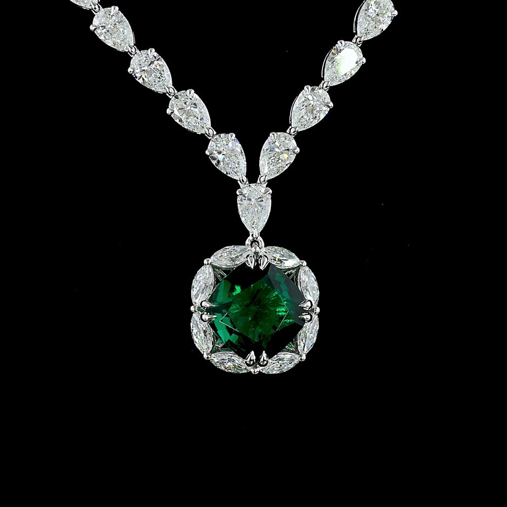 14K White Gold Special Necklace with 3.32 Carat Cushion Cut Green Emerald Lab Gemstone, 19.33 Carats Pear Cut, and 0.88 Carats Marquise Cut Lab Gemstones - 23.53 Total Carat Weight - Covaloro Fine Jewelry