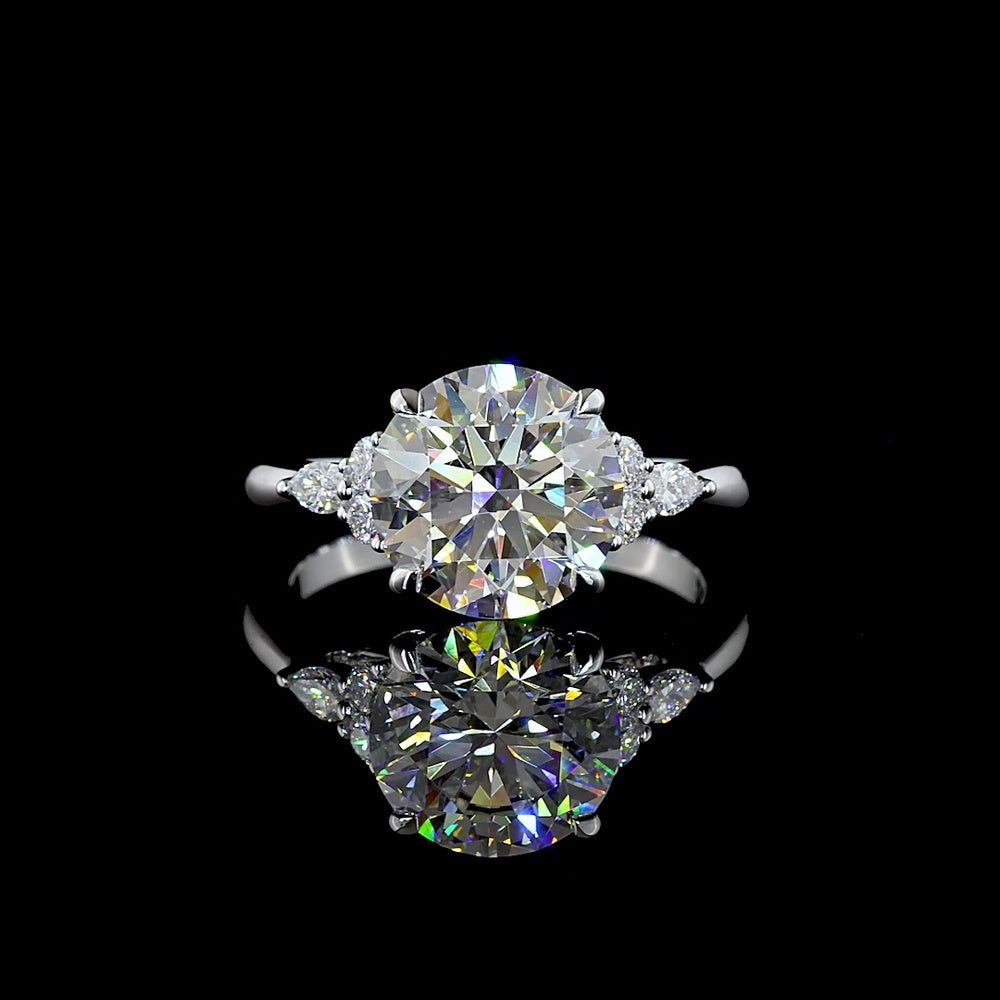 14K White Gold Special Ring with 3.33 Carat Round Brilliant Cut Lab Diamond Center, Marquise and Round Side Stones - 3.58 Carat Total Diamond Weight - Covaloro Fine Jewelry