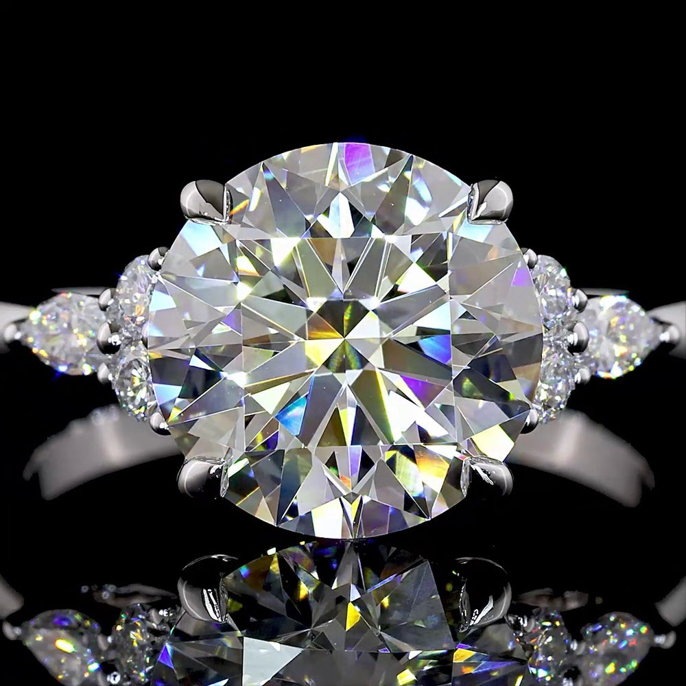 14K White Gold Special Ring with 3.33 Carat Round Brilliant Cut Lab Diamond Center, Marquise and Round Side Stones - 3.58 Carat Total Diamond Weight - Covaloro Fine Jewelry