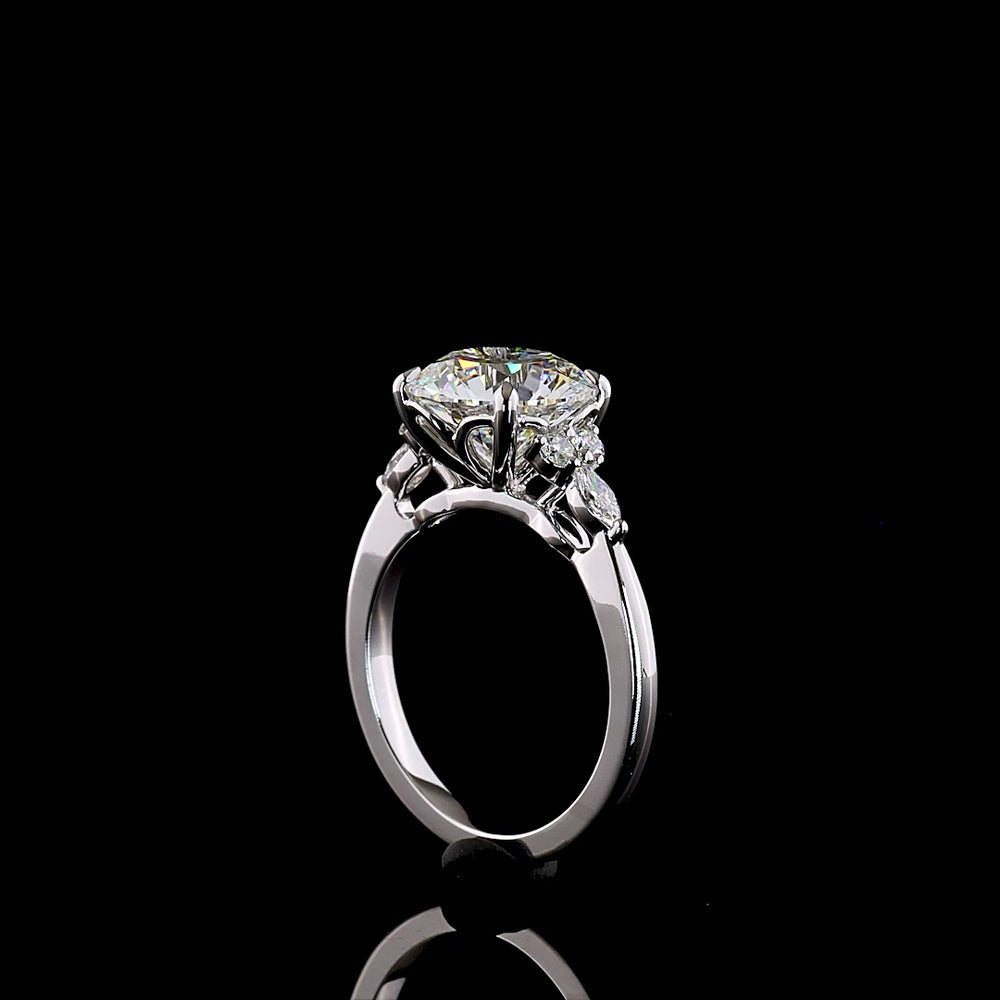14K White Gold Special Ring with 3.33 Carat Round Brilliant Cut Lab Diamond Center, Marquise and Round Side Stones - 3.58 Carat Total Diamond Weight - Covaloro Fine Jewelry