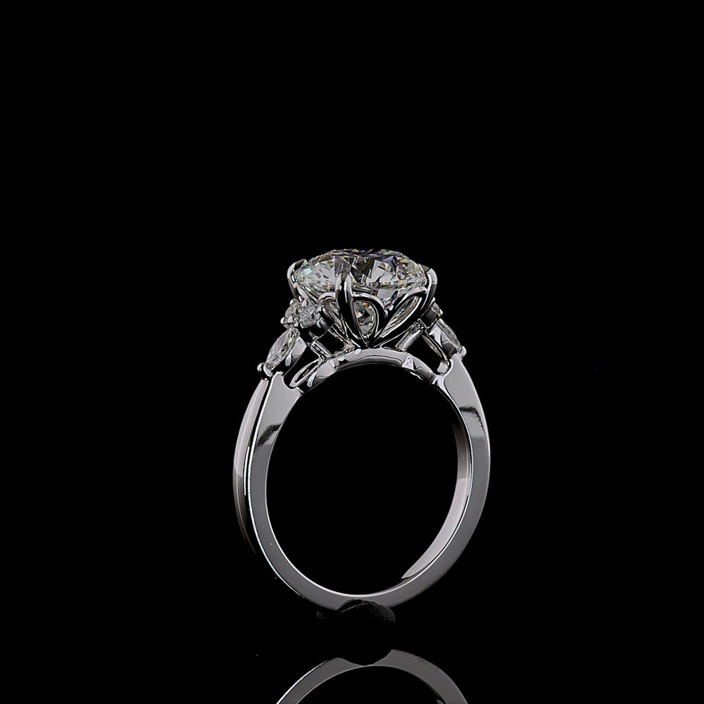 14K White Gold Special Ring with 3.33 Carat Round Brilliant Cut Lab Diamond Center, Marquise and Round Side Stones - 3.58 Carat Total Diamond Weight - Covaloro Fine Jewelry