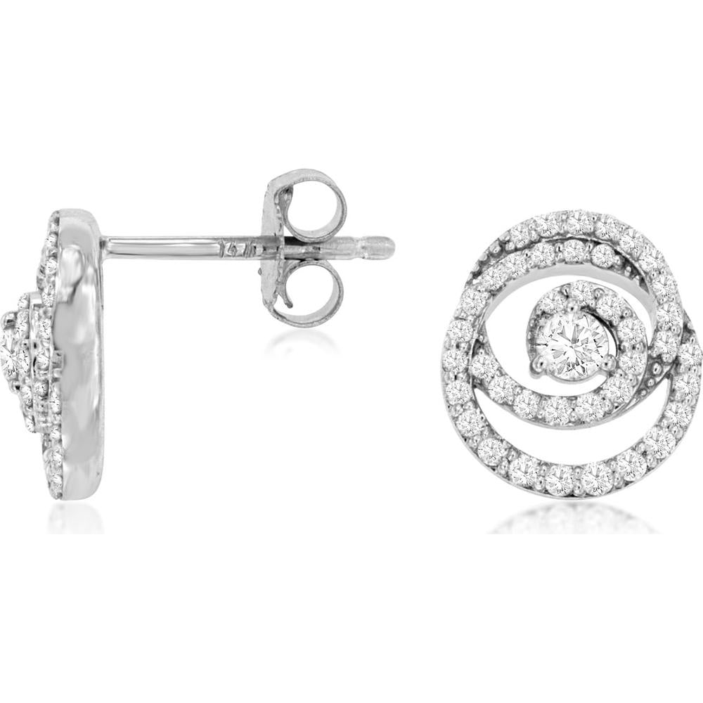 14K White Gold Spiral Halo Diamond Stud Earrings with Round Brilliant Cut Center Stones - 0.50 Carat Total Diamond Weight - Royal Jewelry