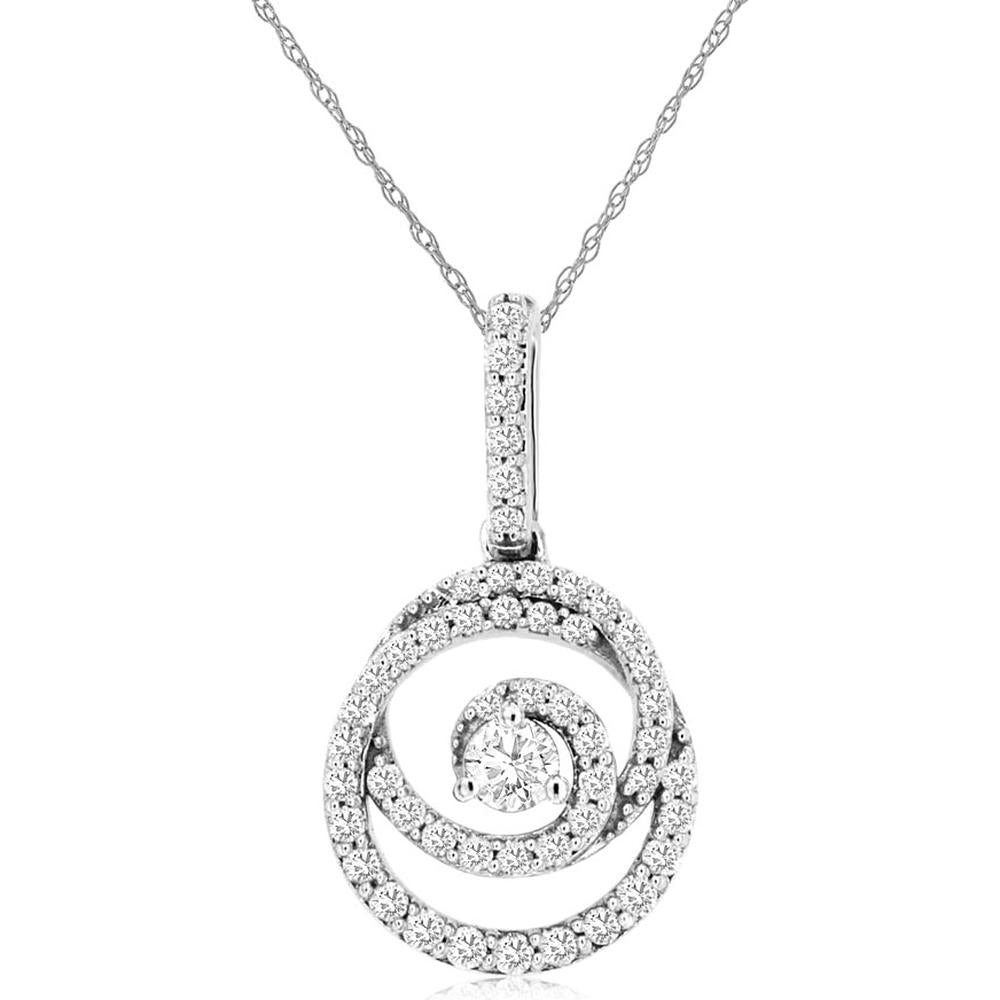 14K White Gold Spiral Swirl Pendant Necklace with Round Center Diamond and Pavé Set Accents - 0.33 Carat Total Diamond Weight - Royal Jewelry