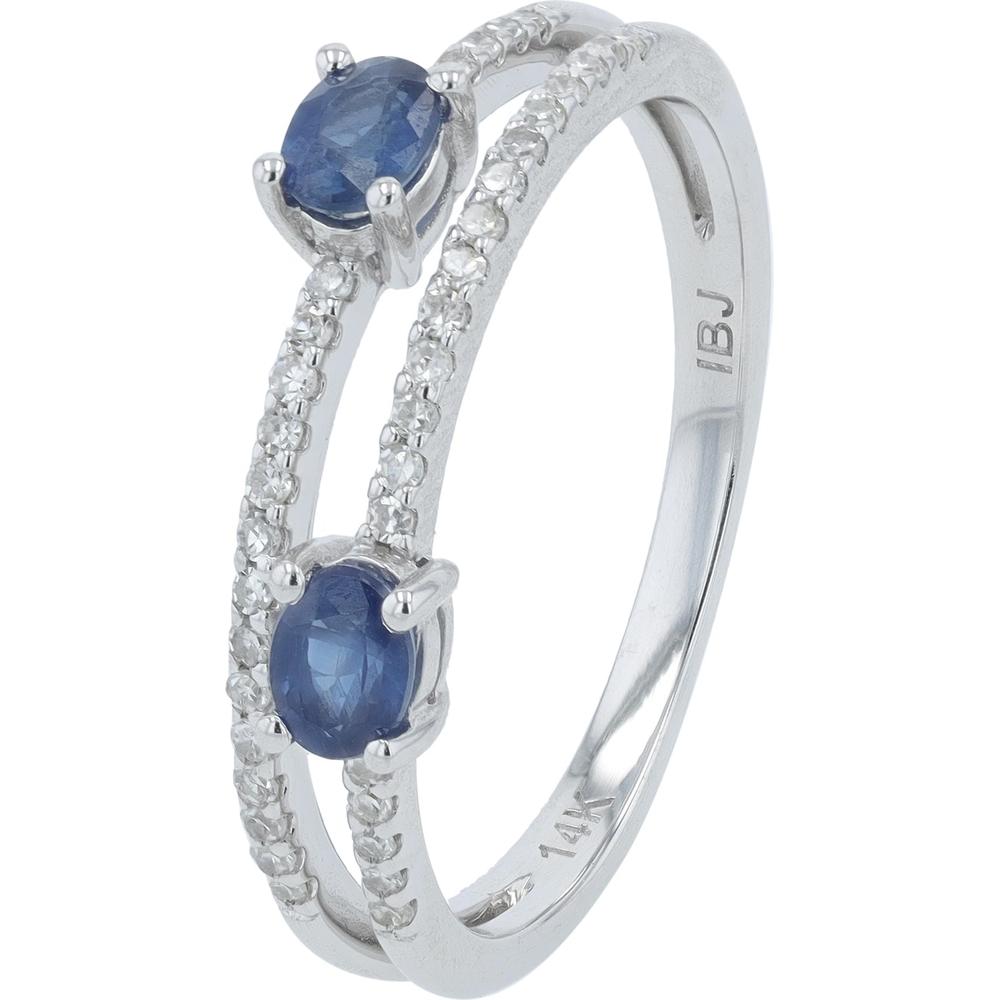 14K White Gold Split Band Ring with Round-Cut Sapphires and Pavé Diamonds - 0.25 Carats Total Diamond Weight