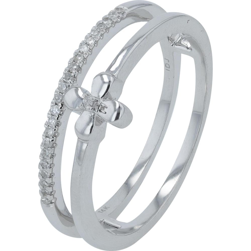 14K White Gold Split Band Ring with Round Diamond-Accented Cross - 0.07 Carats Total Diamond Weight