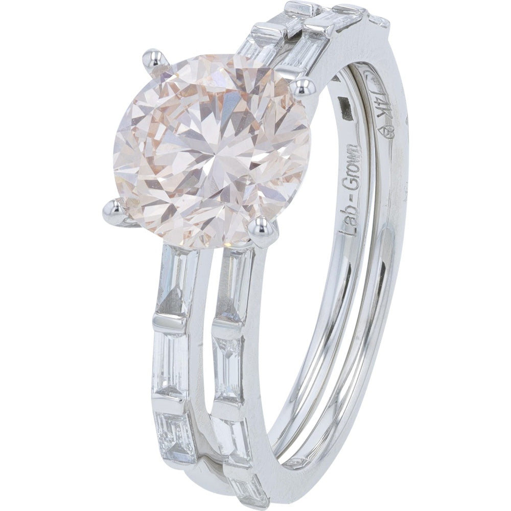 14K White Gold Split Shank Bridal Set with 2.25 Carat Light Pink Lab Grown Diamond and Baguette Accents - 2.75 Carat Total Diamond Weight