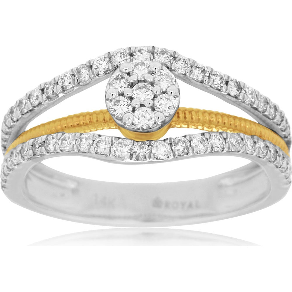 14K White Gold Split Shank Diamond Ring with Yellow Gold Milgrain Center and Round Diamond Cluster - 0.52 Carat Total Diamond Weight - Royal Jewelry