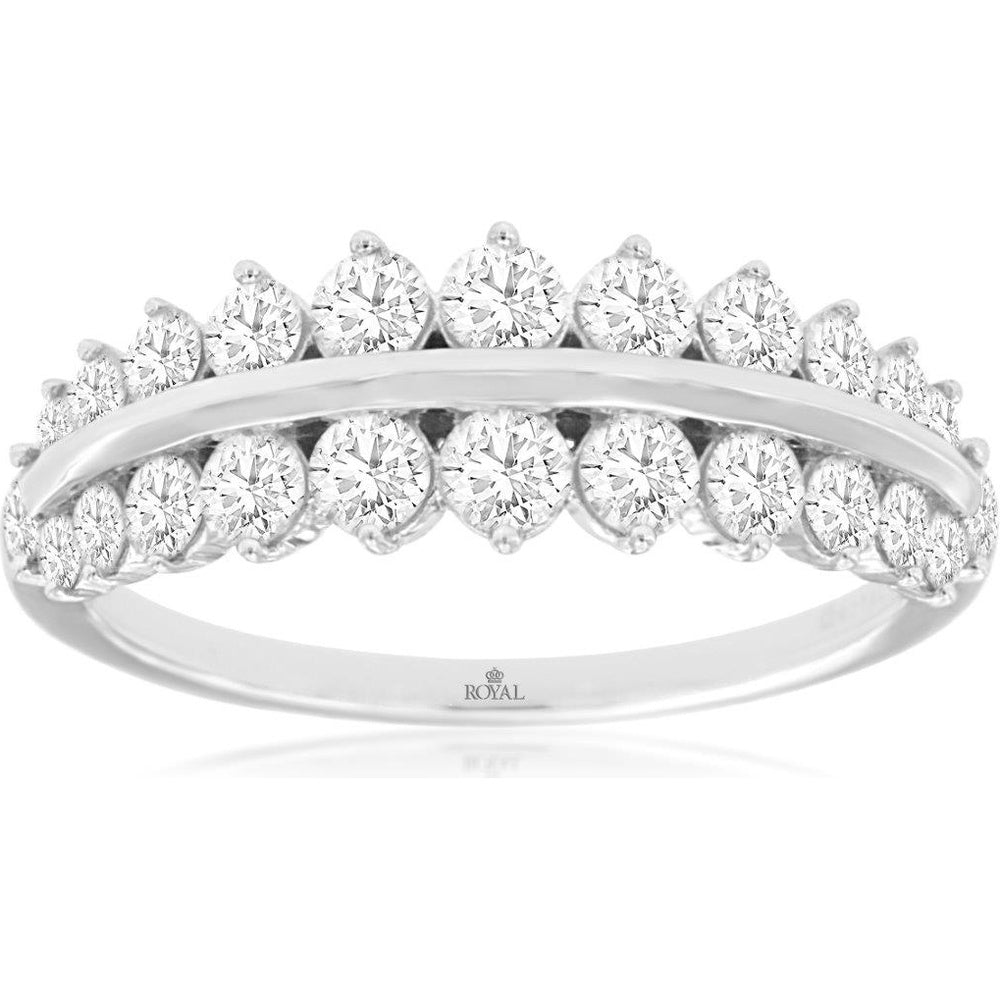 14K White Gold Split-Shank Diamond Wedding Band with Two Rows of Round Prong-Set Diamonds - 1.08 Carat Total Diamond Weight - Royal Jewelry