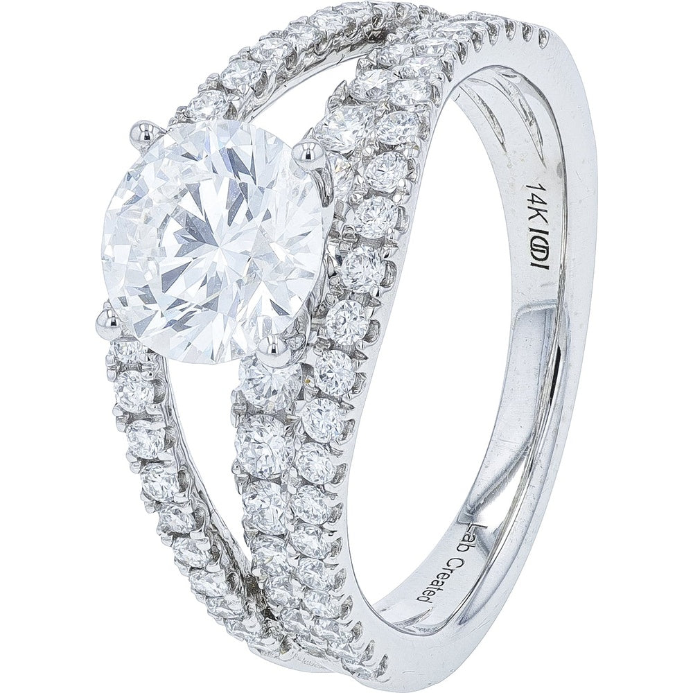 14K White Gold Split Shank Engagement Ring with 1.50 Carat Round Lab Grown Diamond and 0.75 Carat Accent Stones - 2.25 Carat Total Diamond Weight
