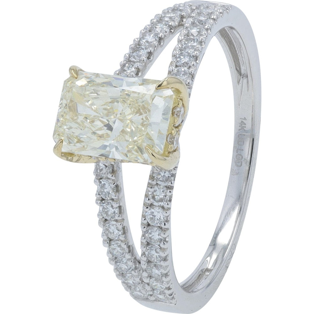 14K White Gold Split Shank Engagement Ring with Rectangular Lab-Grown Diamond and Yellow Gold Prongs - 1.50 Carat Total Weight