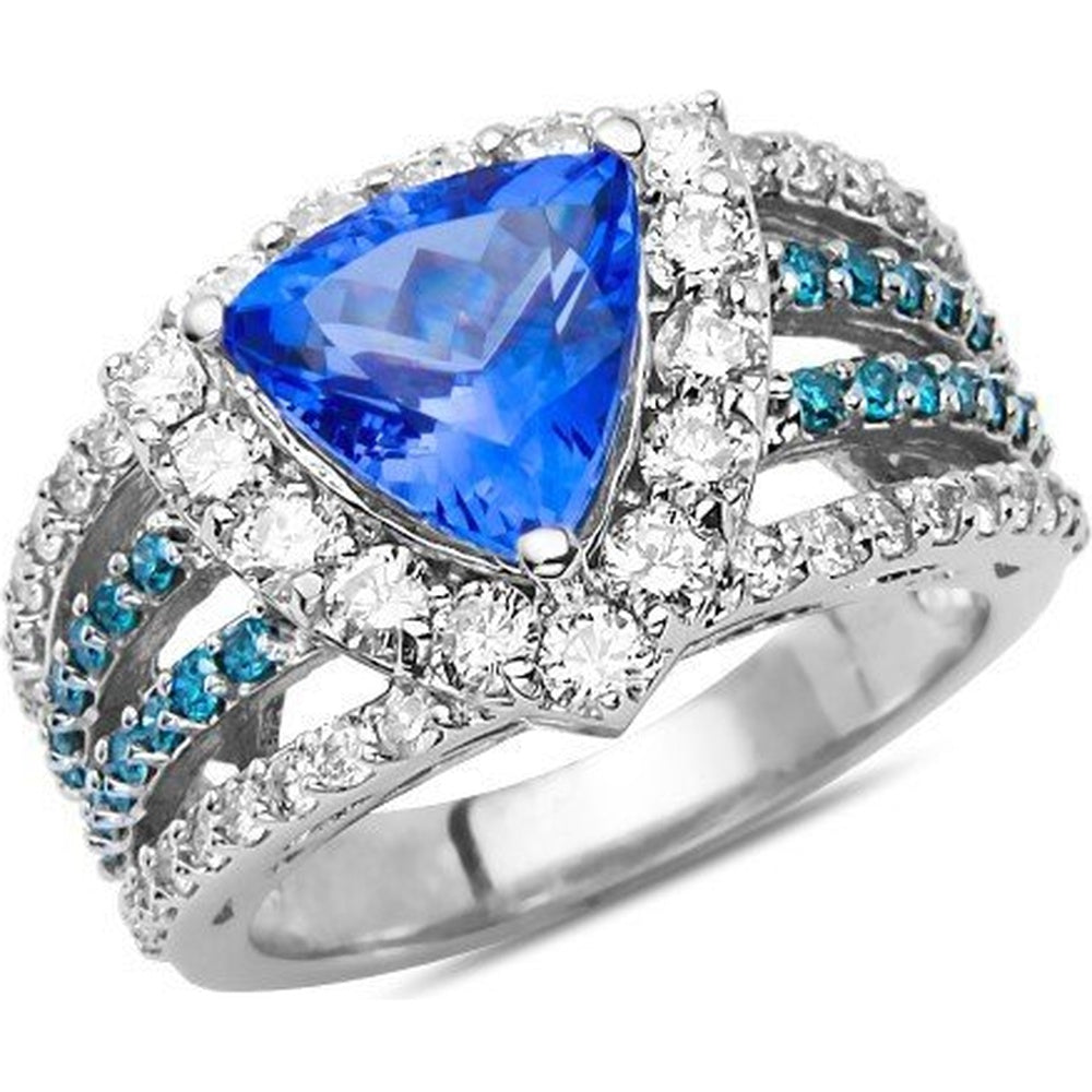 14K White Gold Split Shank Fashion Ring with 2.75 Carat Trillion Cut Tanzanite and 1.50 Carat Total White Diamonds with Blue Accents by Auriventus