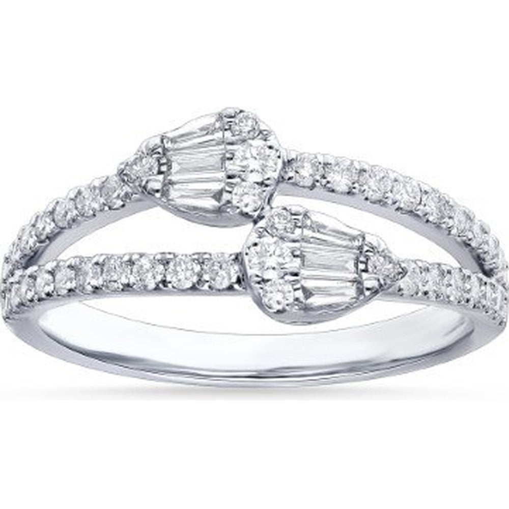 14K White Gold Split Shank Fashion Ring with Pear-Shaped Baguette and Round Diamond Clusters - 0.65 Carat Total Diamond Weight by Auriventus