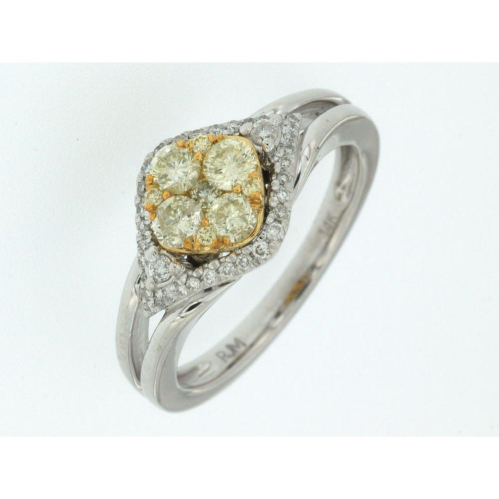 14K White Gold Split Shank Halo Ring with 0.38 Carat Round Yellow Diamond Cluster and 0.20 Carat White Diamond Accents - Royal Jewelry