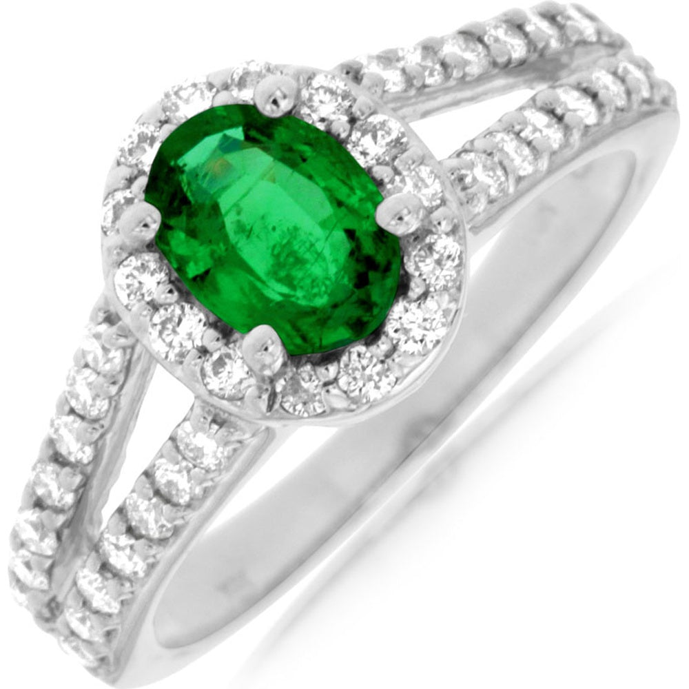 14K White Gold Split Shank Halo Ring with 0.80 Carat Oval Emerald and 0.65 Carat Round Diamond Accents - Royal Jewelry
