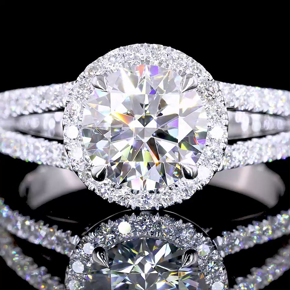 14K White Gold Split Shank Halo Ring with 1.02 Carat Round Brilliant D VVS2 Lab Diamond and 0.38 Carat Accent Lab Diamonds - 1.40 Carat Total Diamond Weight - Covaloro Fine Jewelry