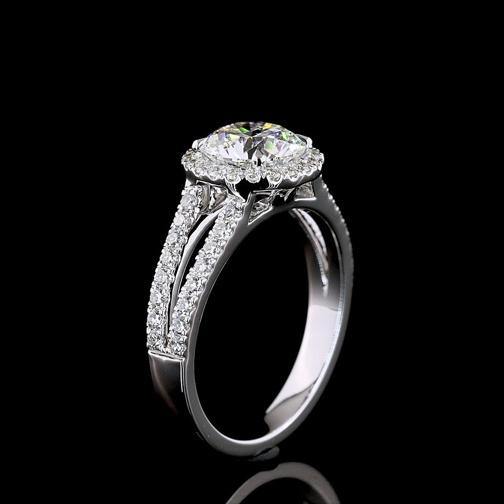 14K White Gold Split Shank Halo Ring with 1.02 Carat Round Brilliant D VVS2 Lab Diamond and 0.38 Carat Accent Lab Diamonds - 1.40 Carat Total Diamond Weight - Covaloro Fine Jewelry