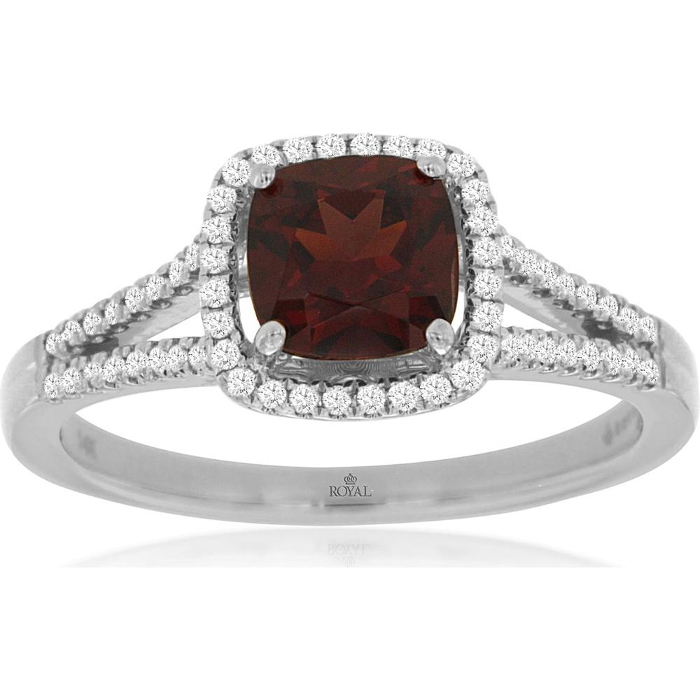 14K White Gold Split Shank Halo Ring with 1.20 Carat Cushion Cut Garnet and 0.20 Carat Round Diamonds - Royal Jewelry