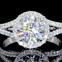 14K White Gold Split Shank Halo Ring with 1.59 Carat E VVS1 Round Lab Diamond Center and 0.45 Carat Diamond Accents - 2.04 Total Carat Weight - Covaloro Fine Jewelry