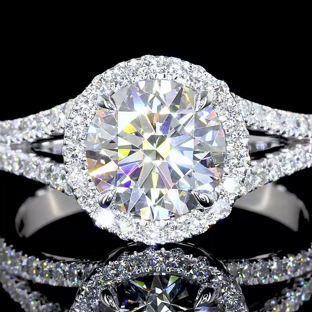 14K White Gold Split Shank Halo Ring with 1.59 Carat E VVS1 Round Lab Diamond Center and 0.45 Carat Diamond Accents - 2.04 Total Carat Weight - Covaloro Fine Jewelry
