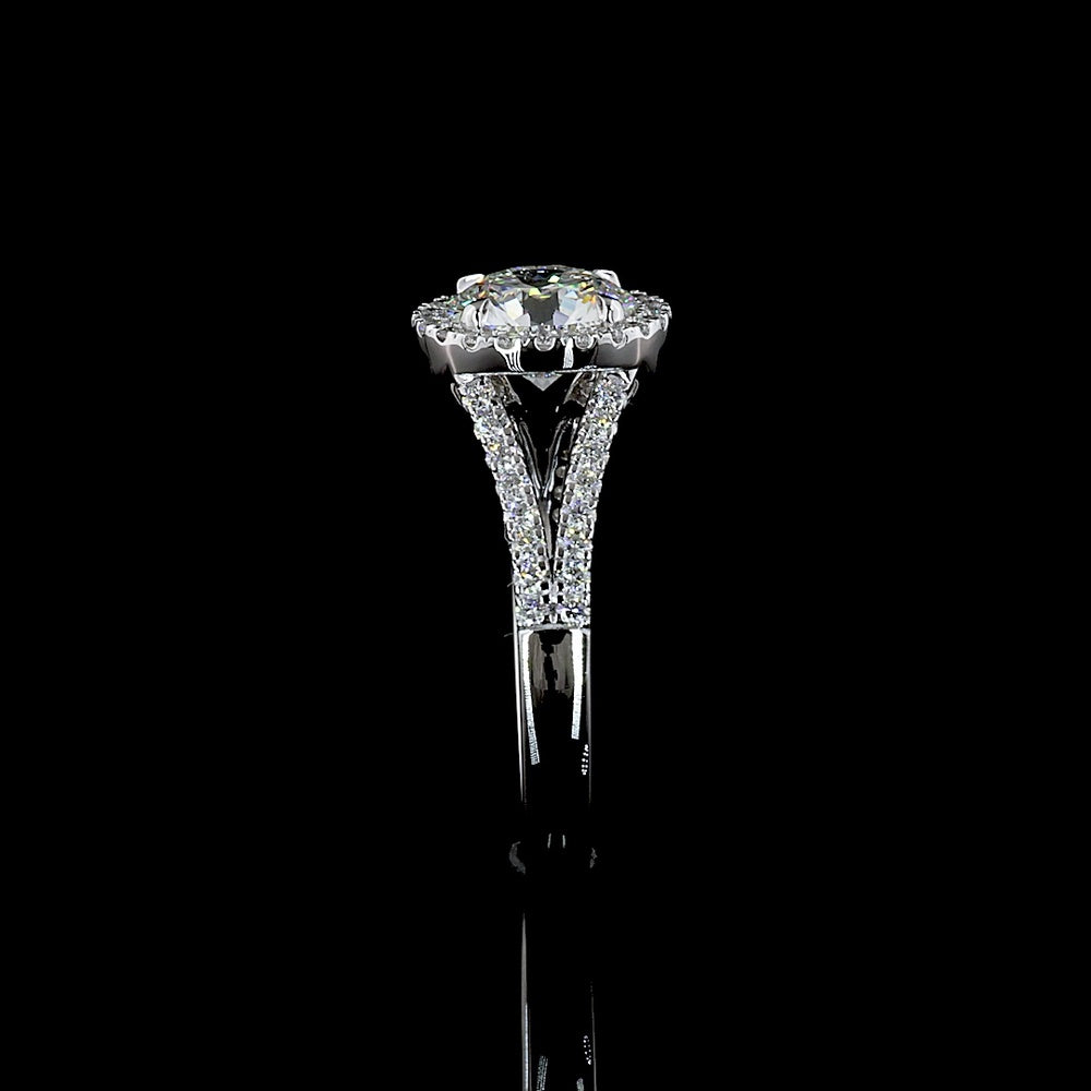 14K White Gold Split Shank Halo Ring with 1.59 Carat E VVS1 Round Lab Diamond Center and 0.45 Carat Diamond Accents - 2.04 Total Carat Weight - Covaloro Fine Jewelry