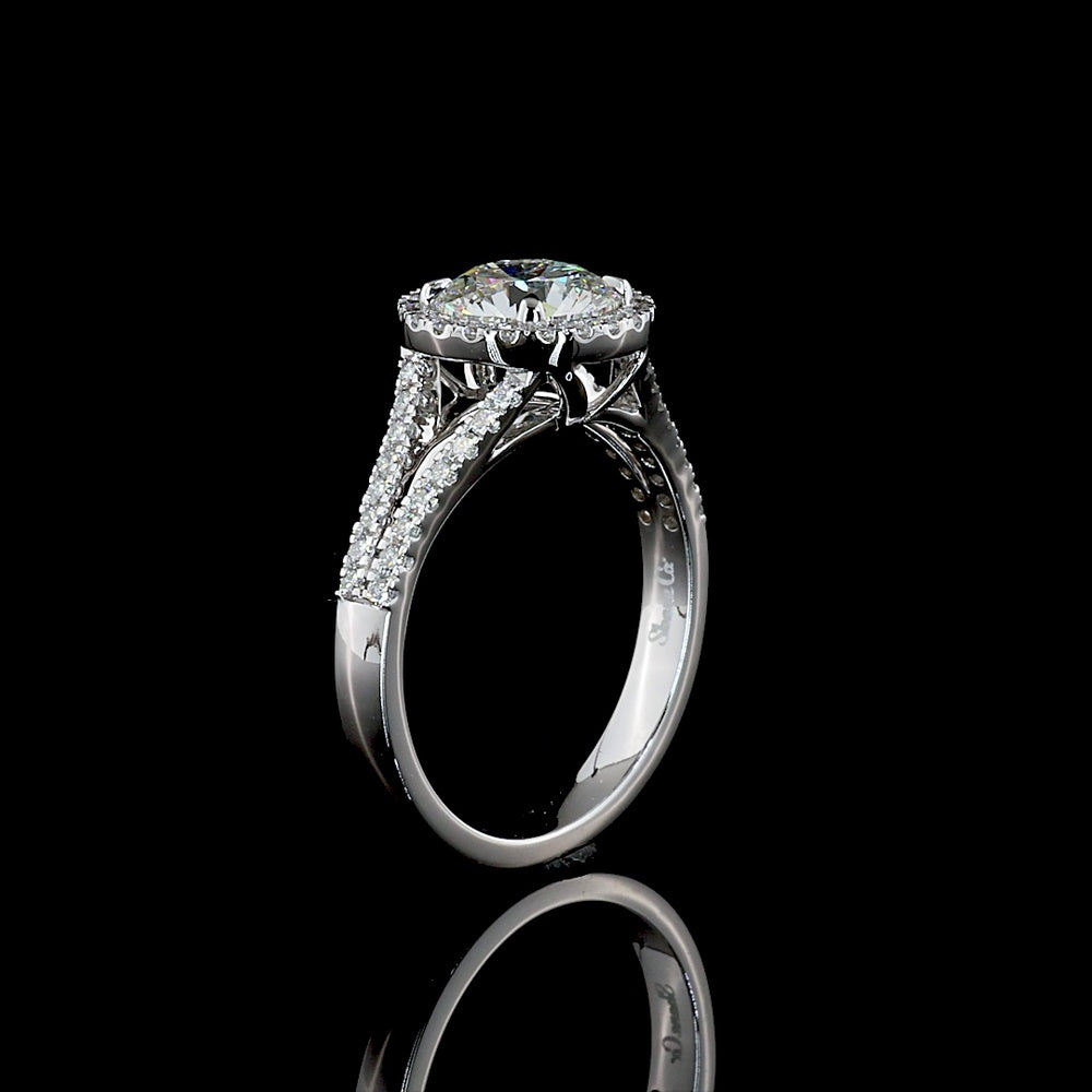 14K White Gold Split Shank Halo Ring with 1.59 Carat E VVS1 Round Lab Diamond Center and 0.45 Carat Diamond Accents - 2.04 Total Carat Weight - Covaloro Fine Jewelry