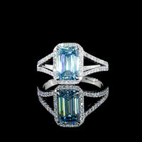 14K White Gold Split Shank Halo Ring with 1.88 Carat Emerald Cut Fancy Vivid Blue Lab Diamond and 0.33 Carat Brilliant Cut Diamonds - 2.21 Carat Total Weight - Covaloro Fine Jewelry