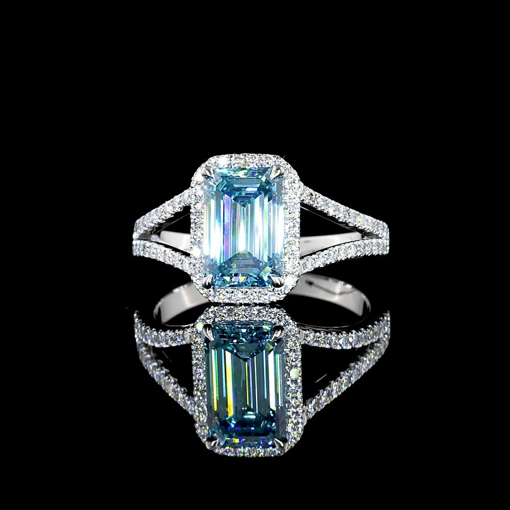 14K White Gold Split Shank Halo Ring with 1.88 Carat Emerald Cut Fancy Vivid Blue Lab Diamond and 0.33 Carat Brilliant Cut Diamonds - 2.21 Carat Total Weight - Covaloro Fine Jewelry