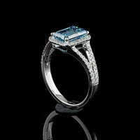 14K White Gold Split Shank Halo Ring with 1.88 Carat Emerald Cut Fancy Vivid Blue Lab Diamond and 0.33 Carat Brilliant Cut Diamonds - 2.21 Carat Total Weight - Covaloro Fine Jewelry