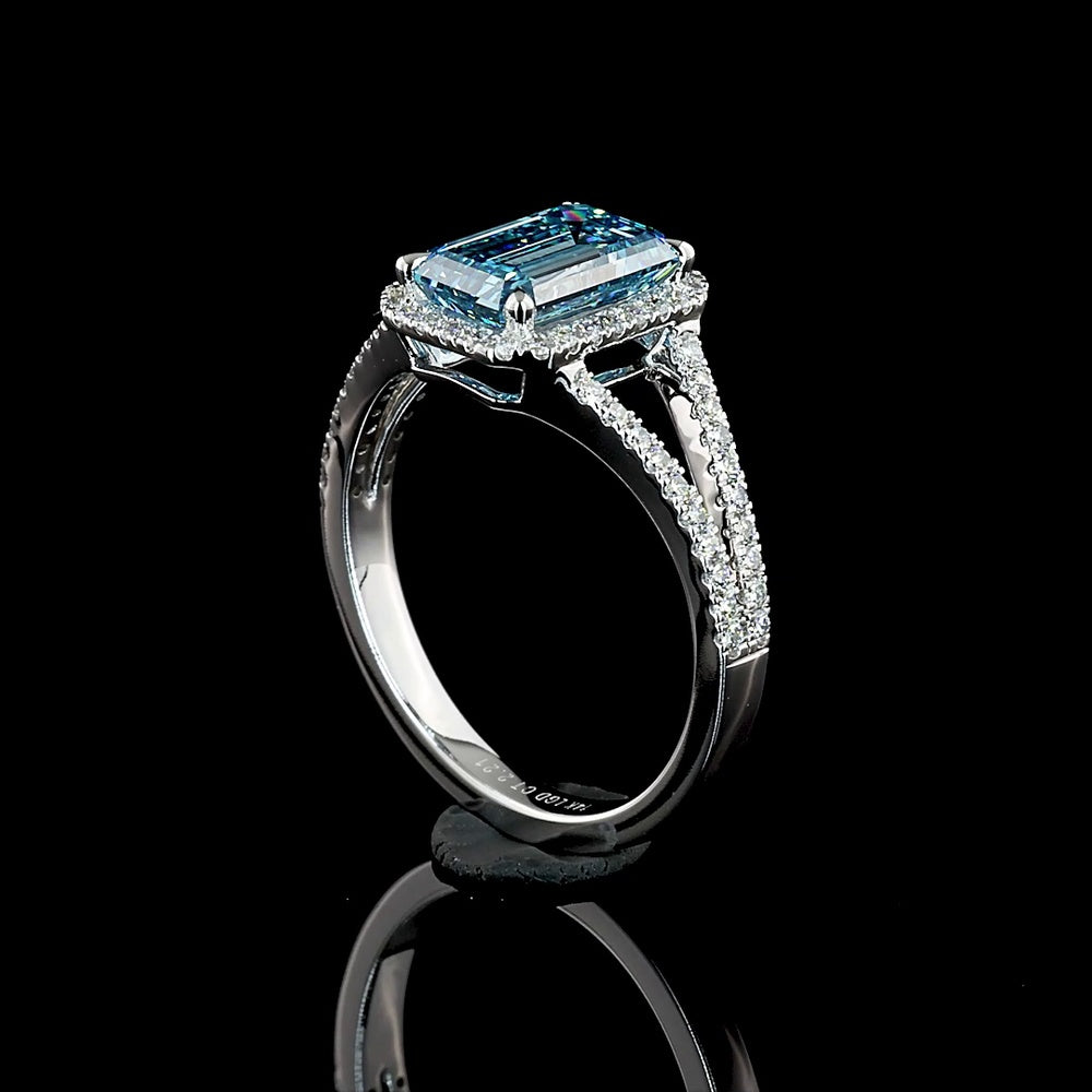 14K White Gold Split Shank Halo Ring with 1.88 Carat Emerald Cut Fancy Vivid Blue Lab Diamond and 0.33 Carat Brilliant Cut Diamonds - 2.21 Carat Total Weight - Covaloro Fine Jewelry