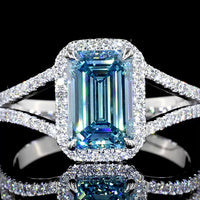 14K White Gold Split Shank Halo Ring with 1.88 Carat Emerald Cut Fancy Vivid Blue Lab Diamond and 0.33 Carat Brilliant Cut Diamonds - 2.21 Carat Total Weight - Covaloro Fine Jewelry