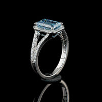 14K White Gold Split Shank Halo Ring with 1.88 Carat Emerald Cut Fancy Vivid Blue Lab Diamond and 0.33 Carat Brilliant Cut Diamonds - 2.21 Carat Total Weight - Covaloro Fine Jewelry