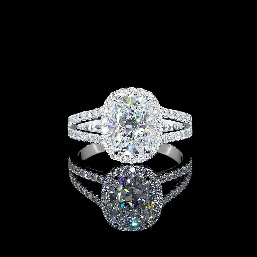 14K White Gold Split Shank Halo Ring with 1.93 Carat Cushion Brilliant Lab Diamond and 0.59 Carat Diamond Accents - 2.52 Carat Total Diamond Weight - Covaloro Fine Jewelry