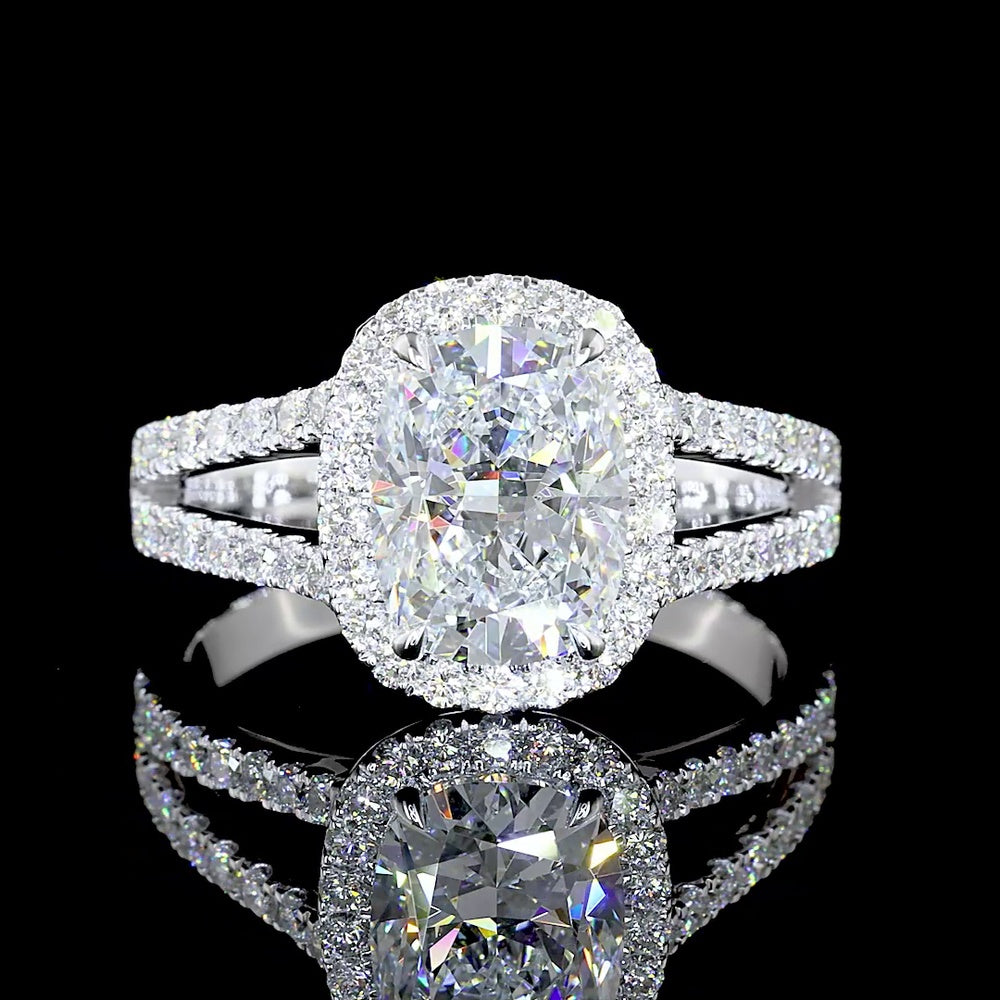 14K White Gold Split Shank Halo Ring with 1.93 Carat Cushion Brilliant Lab Diamond and 0.59 Carat Diamond Accents - 2.52 Carat Total Diamond Weight - Covaloro Fine Jewelry
