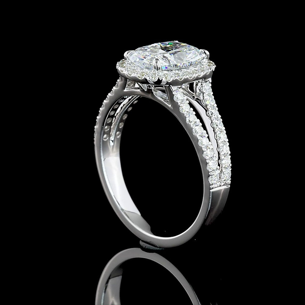 14K White Gold Split Shank Halo Ring with 1.93 Carat Cushion Brilliant Lab Diamond and 0.59 Carat Diamond Accents - 2.52 Carat Total Diamond Weight - Covaloro Fine Jewelry
