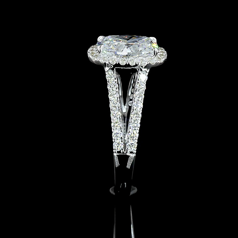 14K White Gold Split Shank Halo Ring with 1.93 Carat Cushion Brilliant Lab Diamond and 0.59 Carat Diamond Accents - 2.52 Carat Total Diamond Weight - Covaloro Fine Jewelry