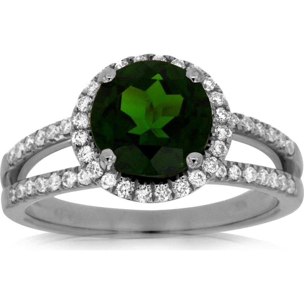 14K White Gold Split Shank Halo Ring with 2.00 Carat Round Russalite and 0.50 Carat Total Diamond Accents - Royal Jewelry