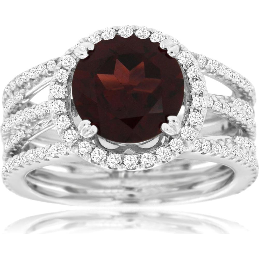 14K White Gold Split Shank Halo Ring with 3.00 Carat Round Rhodolite and 0.95 Carat Total Diamond Weight - Royal Jewelry