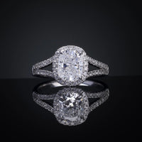 14K White Gold Split Shank Halo Ring with 3.02 Carat Cushion Cut Lab Diamond and 0.91 Carat Round Brilliant Accents - 3.93 Carat Total Weight - Covaloro Fine Jewelry