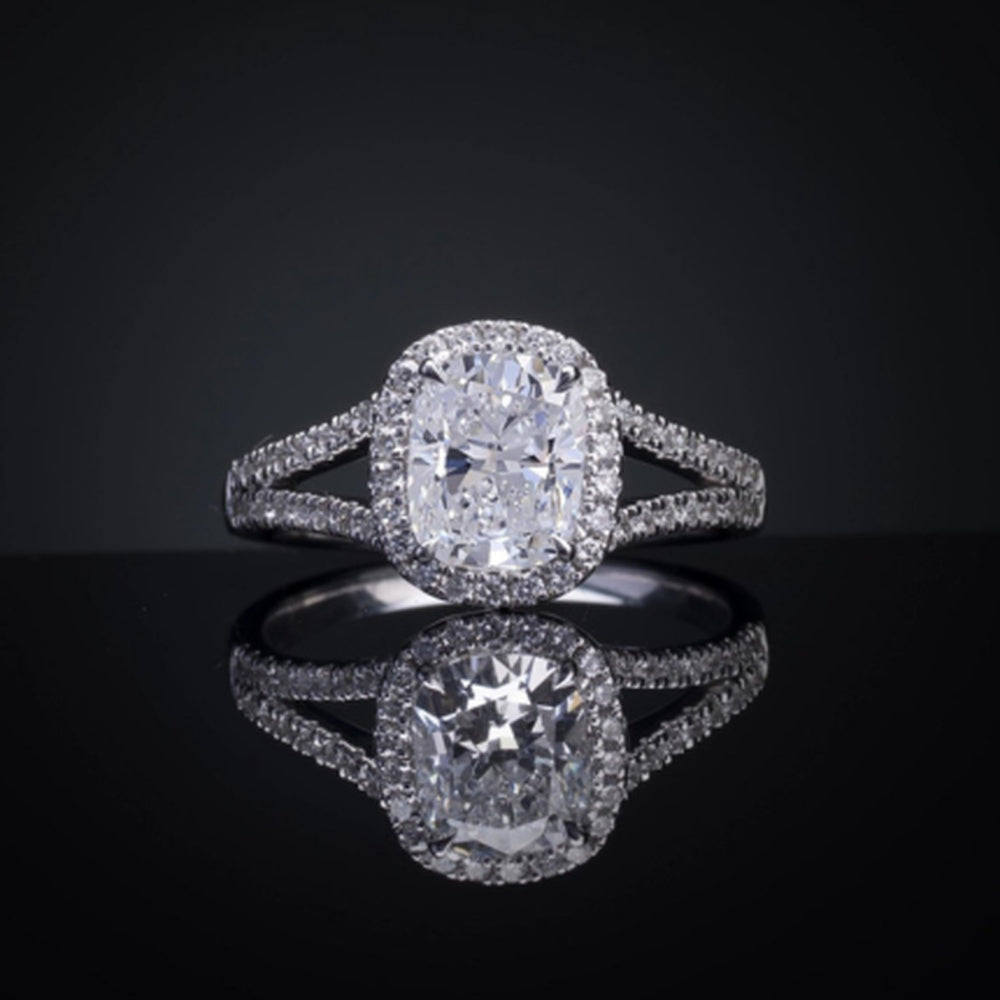 14K White Gold Split Shank Halo Ring with 3.02 Carat Cushion Cut Lab Diamond and 0.91 Carat Round Brilliant Accents - 3.93 Carat Total Weight - Covaloro Fine Jewelry