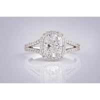 14K White Gold Split Shank Halo Ring with 3.02 Carat Cushion Cut Lab Diamond and 0.91 Carat Round Brilliant Accents - 3.93 Carat Total Weight - Covaloro Fine Jewelry