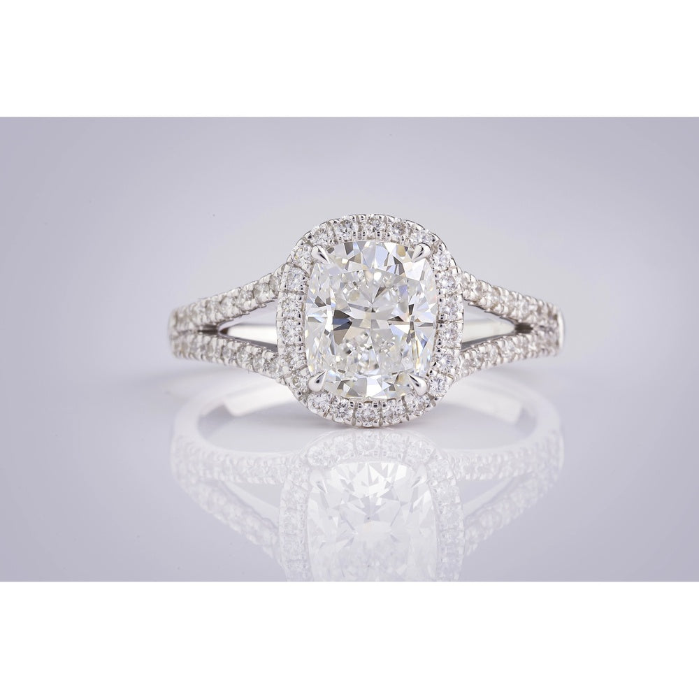 14K White Gold Split Shank Halo Ring with 3.02 Carat Cushion Cut Lab Diamond and 0.91 Carat Round Brilliant Accents - 3.93 Carat Total Weight - Covaloro Fine Jewelry