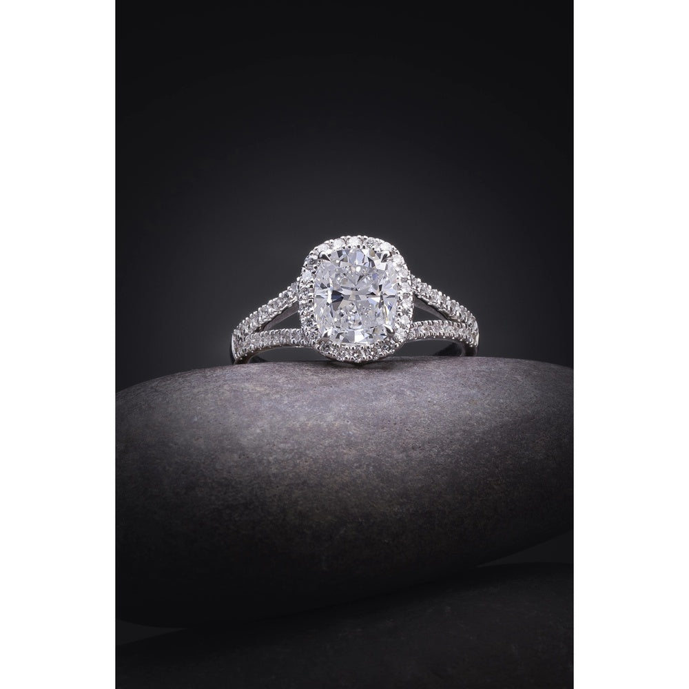 14K White Gold Split Shank Halo Ring with 3.02 Carat Cushion Cut Lab Diamond and 0.91 Carat Round Brilliant Accents - 3.93 Carat Total Weight - Covaloro Fine Jewelry