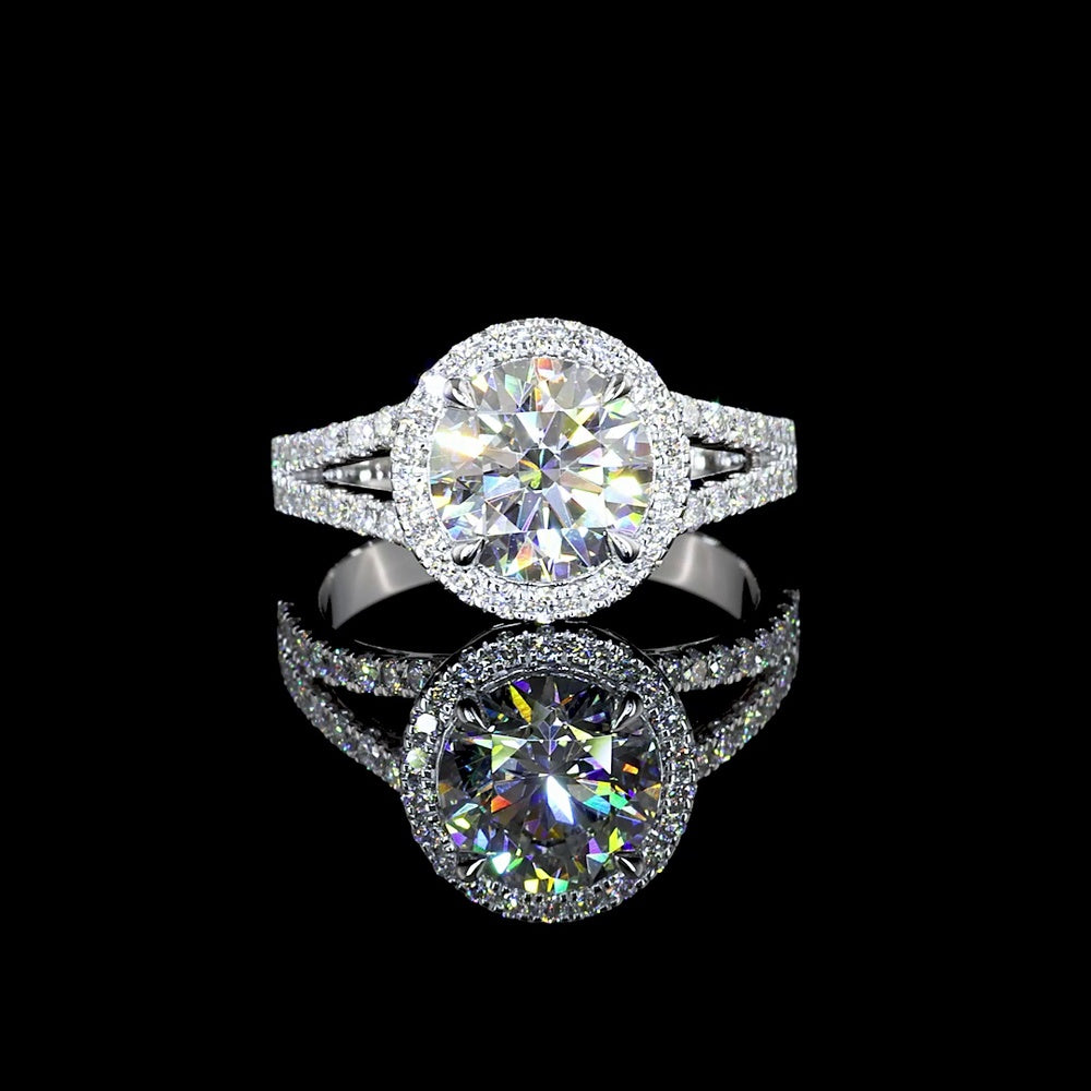 14K White Gold Split Shank Halo Ring with 4.20 Carat Round Brilliant Lab Diamond and 0.76 Carat Accent Diamonds - 4.96 Carat Total Diamond Weight - Covaloro Fine Jewelry