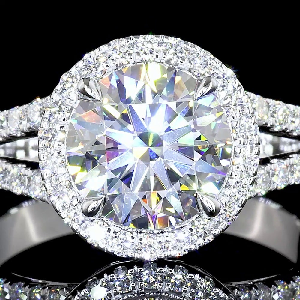 14K White Gold Split Shank Halo Ring with 5.01 Carat Round Brilliant Lab Diamond and 0.86 Carat Side Diamonds - GIA Certified E VVS2 - Covaloro Fine Jewelry