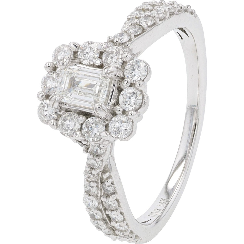14K White Gold Split Shank Halo Ring with Oval Center and Pavé Round Diamonds - 1.00 Carat Total Diamond Weight