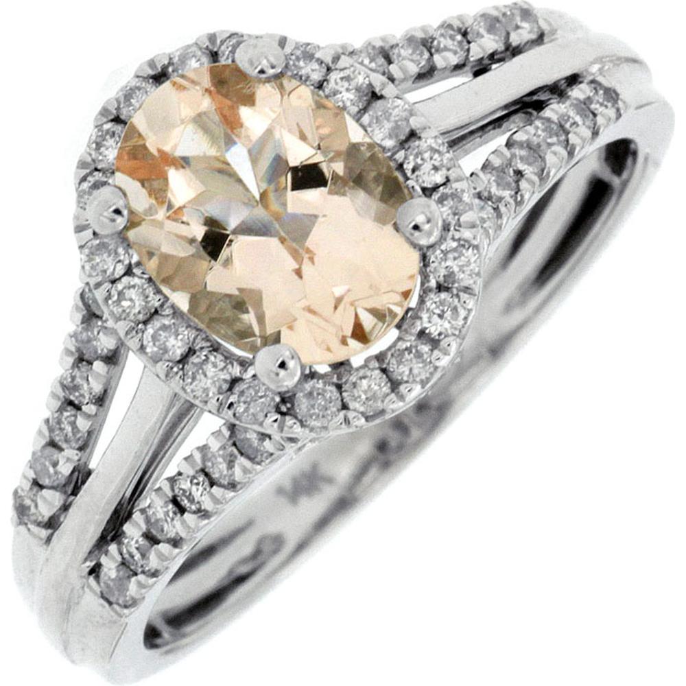 14K White Gold Split Shank Halo Ring with Oval Morganite and Round Diamonds - 1.30 Carat Total Gem Weight - Royal Jewelry