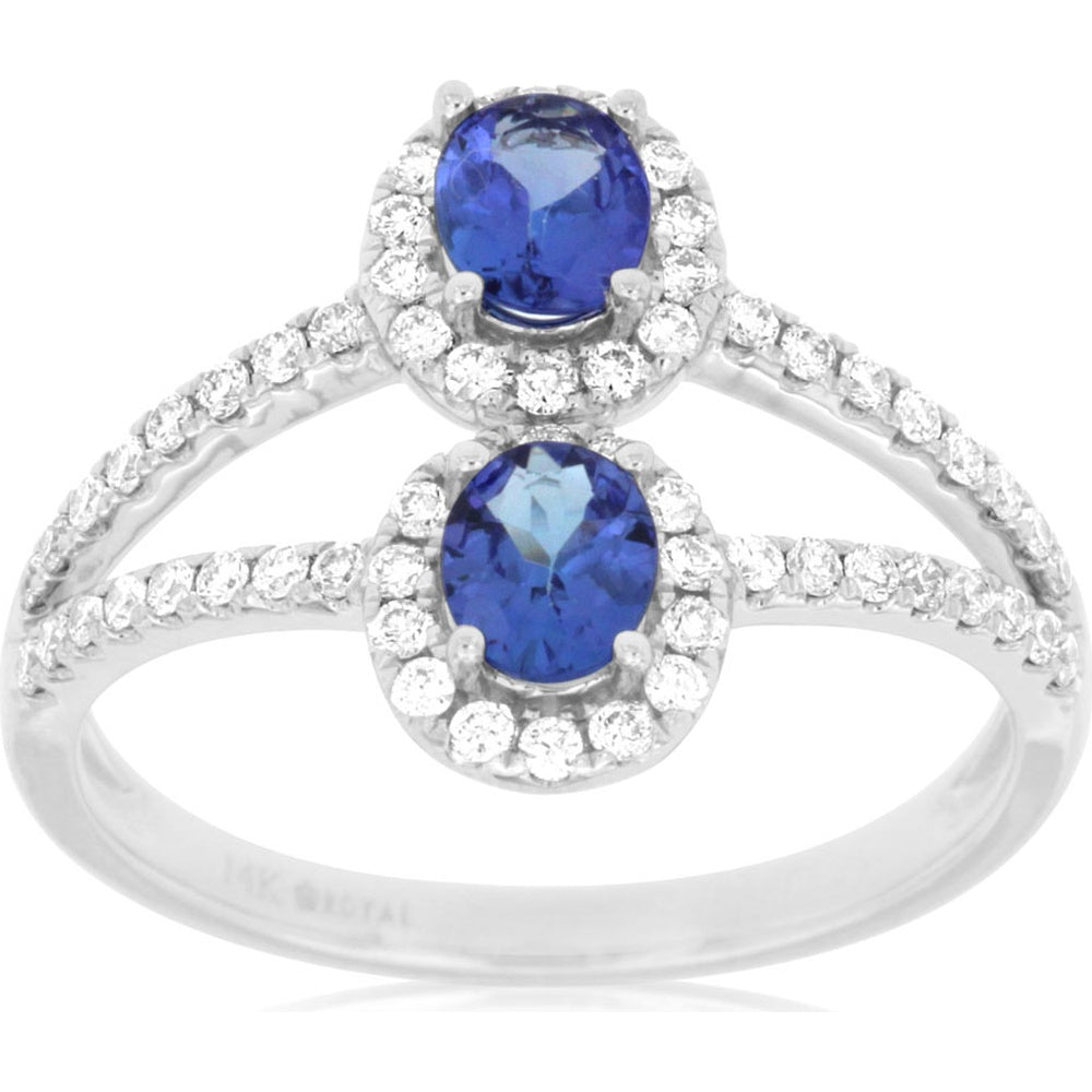 14K White Gold Split Shank Halo Ring with Oval Tanzanite and Round Diamonds - 0.70 Carat Total Tanzanite Weight and 0.40 Carat Total Diamond Weight - Royal Jewelry